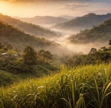 Sugarcane field in the Chittagong Hill Tracts at sunrise with misty hills and natural landscape