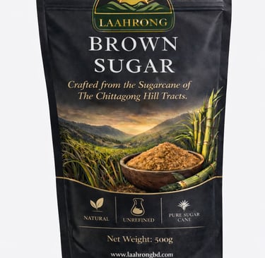 Laahrong brown sugar powder in premium black pouch, natural unrefined sugar from Chittagong Hill Tra