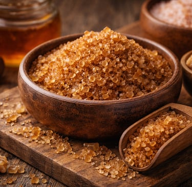 Close-up of natural unrefined brown sugar crystals rich in molasses and minerals