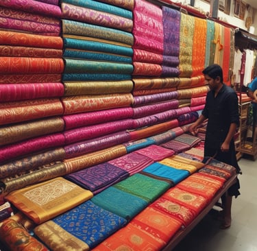 A vibrant collection of colorful Banarasi sarees hanging in a sunlit boutique, showcasing their detailed patterns.