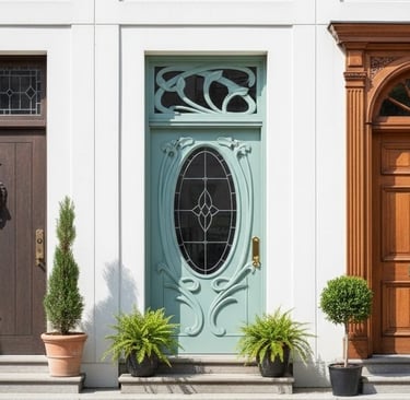 Three different antique doors set against a white building.