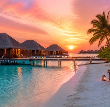 Overwater bungalows at sunset in the Maldives private dining table beach luxury couples experience