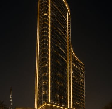 A modern luxury hotel skyscraper in Dubai illuminated with gold lights at night near the Burj Khalifa.