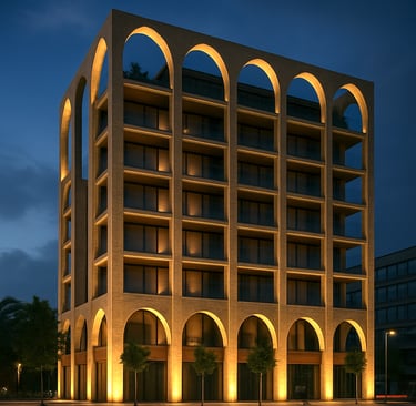 Modern luxury apartment building featuring illuminated brick arches and balcony views at dusk.