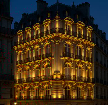 Illuminated classic Haussmann-style architecture building in Paris at night with glowing windows and ornate balconies.