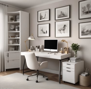 A cozy workspace with a laptop, a cup of tea, and soft cream-colored decor reflecting a warm, welcoming vibe.