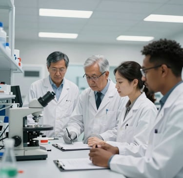 Professional photography of a diverse group of researchers collaborating in a bright, modern laboratory setting, highlighting technological advancement in an International / Global environment.