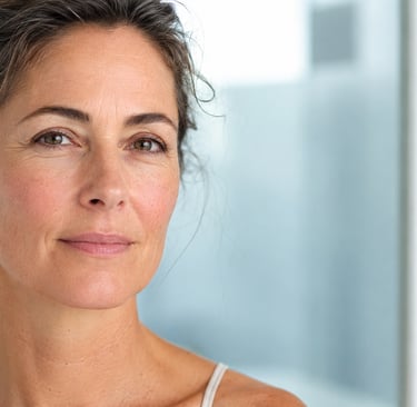 Portrait rapproché d’une femme de 45-50 ans à la peau naturelle et réaliste, éclairée par une lumièr