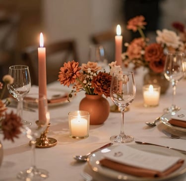 Elegant private dining table with candlelight, floral décor and restaurant-quality hospitality.