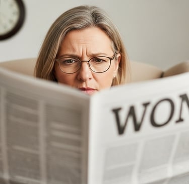 Segurando o jornal "um pouco afastado do rosto", "expressão de leve frustração ou concentração força