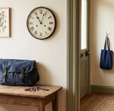 Analog clock, keys, and bag by the door representing time blindness and ADHD routines for women