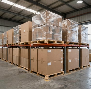 A sturdy pallet wrapped with heavy-duty industrial packing materials in a warehouse setting
