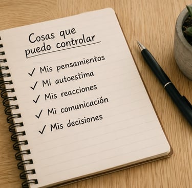 Cuaderno de espiral con una lista de cosas que puedo controlar, incluidos pens