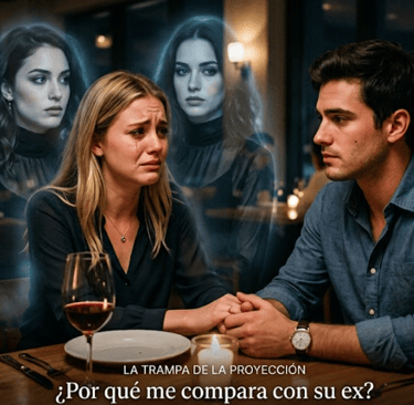 Una mujer llora durante una cita con un hombre, mientras visiones fantasmales de la exnovia de él ac