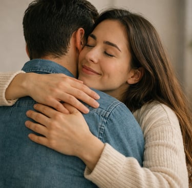 Una joven pareja feliz compartiendo un cálido abrazo con amor y afecto.