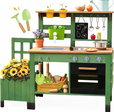 Green wooden kids outdoor mud kitchen with garden planter, toy sink, stove, and play food accessories.