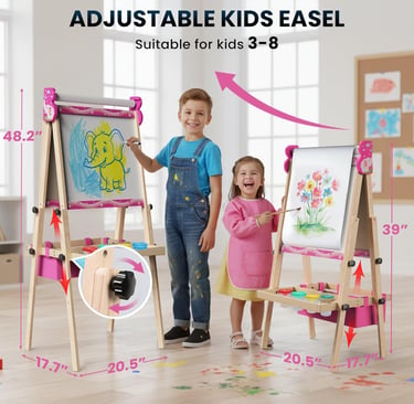 Two young children using an adjustable wooden kids easel with whiteboards and paper rolls for drawing.