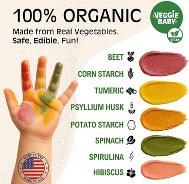 Veggie Baby organic finger paint made from real vegetables like beet, spinach, and turmeric.