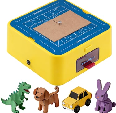 Portable electric cardboard cutter tool with 3D dinosaur, dog, car, and rabbit paper models.