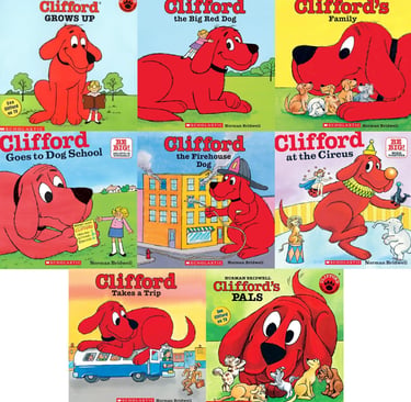 A collection of eight colorful Clifford the Big Red Dog children's book covers by Norman Bridwell.