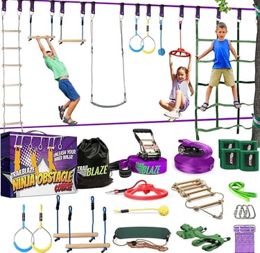 Kids playing on an outdoor ninja obstacle course kit with monkey bars and climbing net.