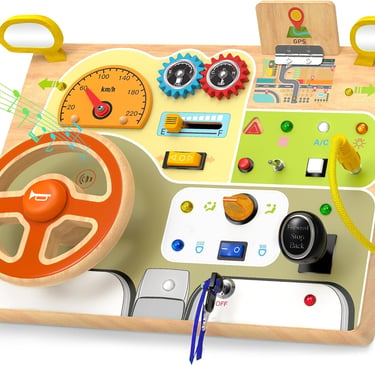 Wooden Montessori steering wheel busy board for toddlers with car dashboard activities and gears.