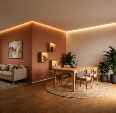 Iluminación lineal en foseado de techo y estanterías de madera a medida.