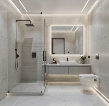 Baño moderno: perfiles LED en techo y espejo cuadrado con iluminación lineal.