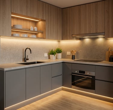 Iluminación continua en cocina: perfiles LED bajo muebles y estantes.