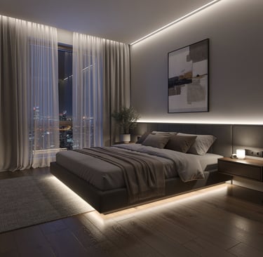 Dormitorio con luz de cortesía: perfil LED en falso techo y luz indirecta.