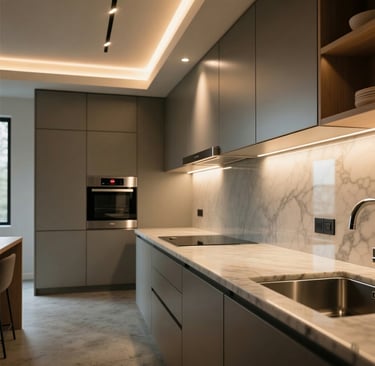 Perfil de encastre bajo muebles de cocina con luz uniforme sobre encimera.