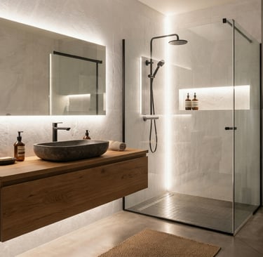 Iluminación técnica: perfil LED en hornacina de ducha y espejo retroiluminado.