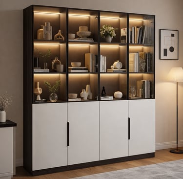 Vitrina con iluminación LED integrada en estantes de madera y luz lineal.