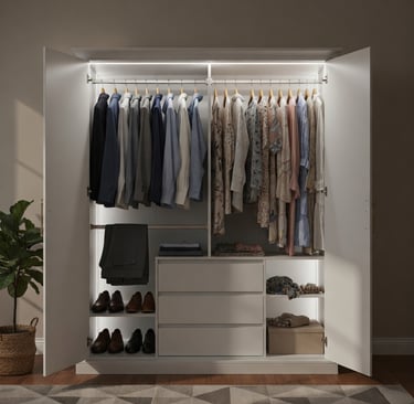 Vestidor con perfiles LED empotrados verticalmente y en la barra de colgar.