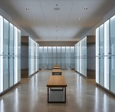 Iluminación comercial en vestuarios: perfiles LED de superficie verticales.