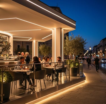 Terraza de restaurante: perfil LED perimetral en suelo para delimitación.