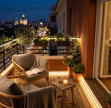 Balcón con iluminación de acento: perfil LED de superficie en el perímetro.