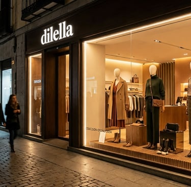 Escaparate Dilella: perfil LED vertical integrado en el marco de la tienda.