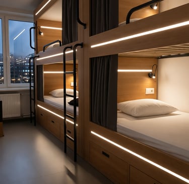 Solución contract: perfil LED integrado en estructura de madera para hostal.