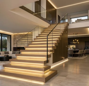 Escalera con peldaños de madera e iluminación LED integrada bajo el peldaño.