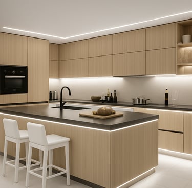 Isla de cocina con luz LED perimetral en zócalo y efecto flotante moderno.