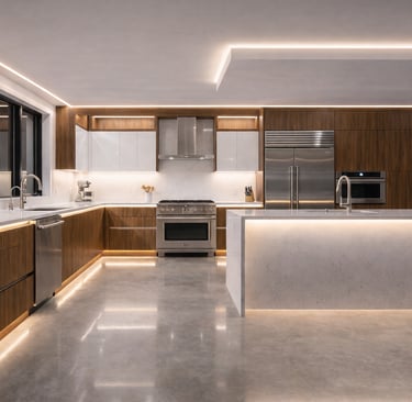 Iluminación lineal en gran cocina con perfiles LED integrados en techos.
