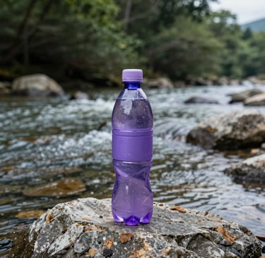 A sleek black and purple Power Grid can resting on a mossy rock beside a flowing stream, capturing nature’s energy.