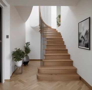  Moderne, geschwungene Holztreppe mit Eichenstufen und schwarzen Metallspindeln in einem minimalisti