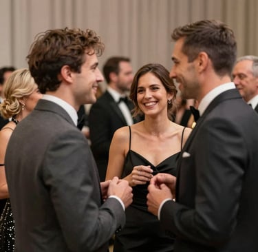 A vibrant event photograph capturing a joyful interaction between attendees at a sophisticated gala. The lighting is warm and natural, highlighting genuine expressions. The composition is human-centric and elegant, featuring background tones of muted taupe (#8C847E) and sharp dark grey (#403B3B) in formal attire.
