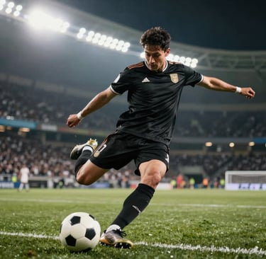 High-intensity sports photography of a soccer player mid-kick during a night match under bright stadium lights. Dramatic shadows, dynamic motion blur, and a focus on raw emotion. Colors incorporate the palette's deep blacks (#0D0D0D) in the jersey and bright off-white (#F2F1ED) in the lighting flares.
