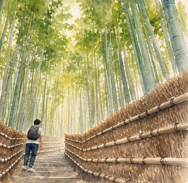 Minimalist watercolor Arashiyama Bamboo Forest travel art printable
