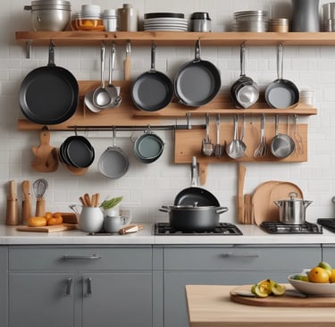 A neatly arranged kitchen counter displaying colorful ceramic bowls and wooden utensils ready for cooking.