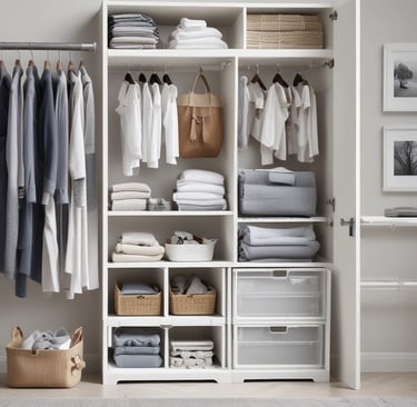 A minimalist shelf showcasing tasteful home décor items like candles, small plants, and framed art.