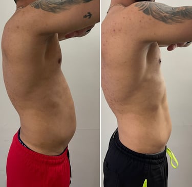 a man with tattoos on his arm and chest